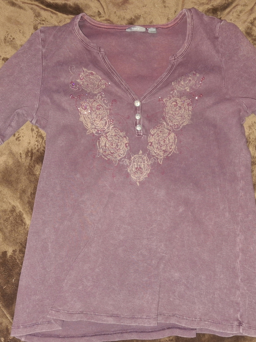 Apt. 9 Dusty Rose Henley with Embroidered Floral V
